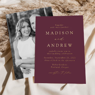 Moderne Elegante Wine and Gold Foto Hochzeit Folieneinladung
