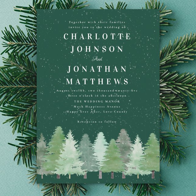 Moderne, elegante Winterwaldlandgrüne Hochzeit Einladung (Modern Winter woodland green wedding invitation Minimalist watercolor fir tree pine forest snow )