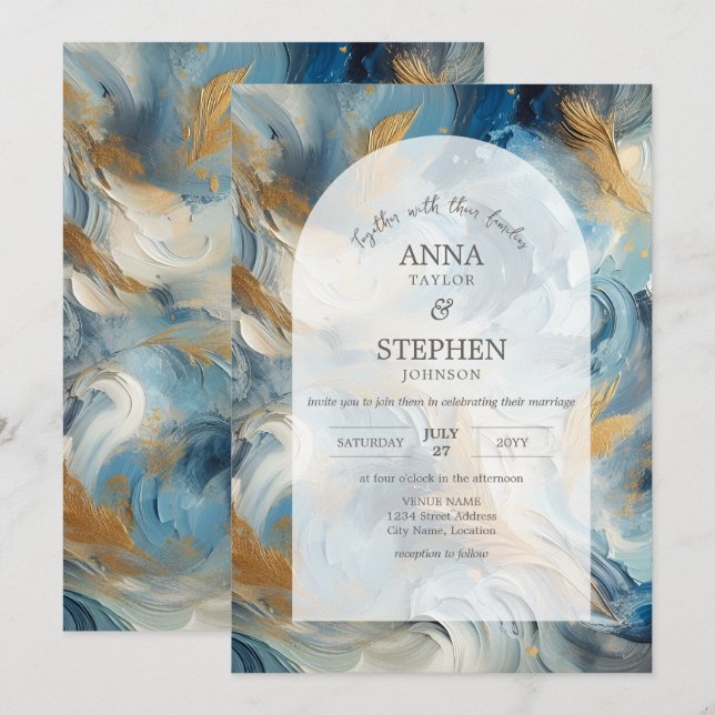 Moderne Eleganz: Blue White Gold Wedding Einladung (Vorne/Hinten)