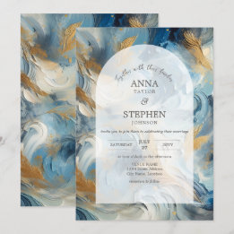 Moderne Eleganz: Blue White Gold Wedding Einladung