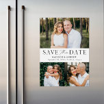 Moderne Eleganz Drei Foto Save the Date Magneteinladung<br><div class="desc">Mit diesem stilvollen, modernen Foto verkünden Sie Ihr Hochzeitsdatum und sparen den Datums-Magneten. Das Design enthält drei Ihrer Lieblings-Verlobung-Fotos mit "Save the Date" in schwarzen Serifen und Skript-Schriftart auf weißem Hintergrund. Personalisieren Sie den Minimalisten, speichern Sie den Datums-Magneten, indem Sie Ihren Namen, Datum und Hochzeitsort hinzufügen. Der schlichte Save the...</div>