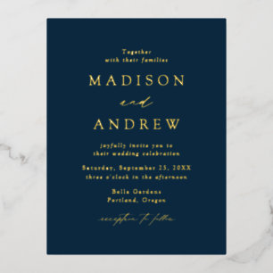 Moderne Eleganz Navy- und Goldene Hochzeit Folie Einladungspostkarte