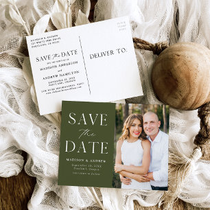 Moderne Eleganz Oliven Grün Foto Save-the-Date Ankündigungspostkarte
