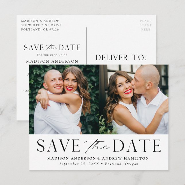 Moderne Eleganz Zwei Fotos Save the Date Ankündigungspostkarte (Vorne/Hinten)