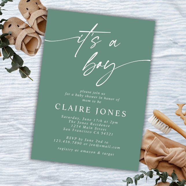 Moderne Eleganza Sage It a Boy Script Baby Shower Einladung (Von Creator hochgeladen)
