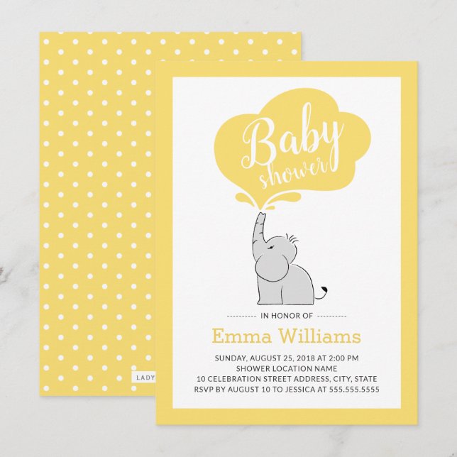 Moderne Elephant Baby Dusche Einladung | Gelb (Vorne/Hinten)