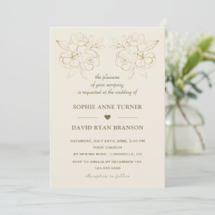 Moderne Elfenbein-Gold-Linienkunst-Blumen-Hochzeit Einladung