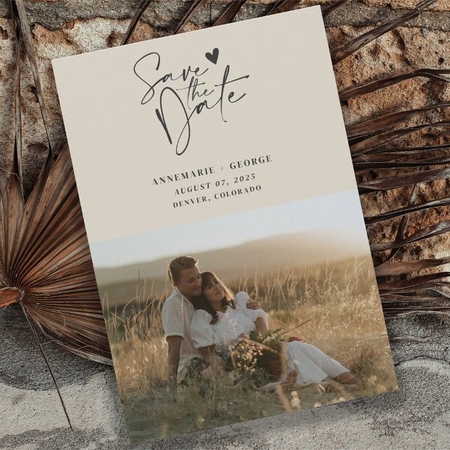 Moderne Elfenbein-Kalligrafie-Schrift Foto Save The Date (Von Creator hochgeladen)