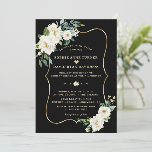 Moderne Elfenbeinweiße Blume Rose Gold Black Weddi Einladung (Stehend Vorderseite)
