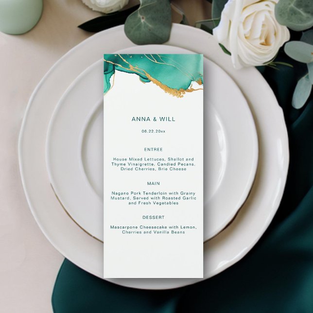 Moderne Emerald Gold Aquamarin Summer Beach Boho W Menükarte (emerald green modern minimalist beach wedding menu gold waves summer elegant bohemian romantic chic)