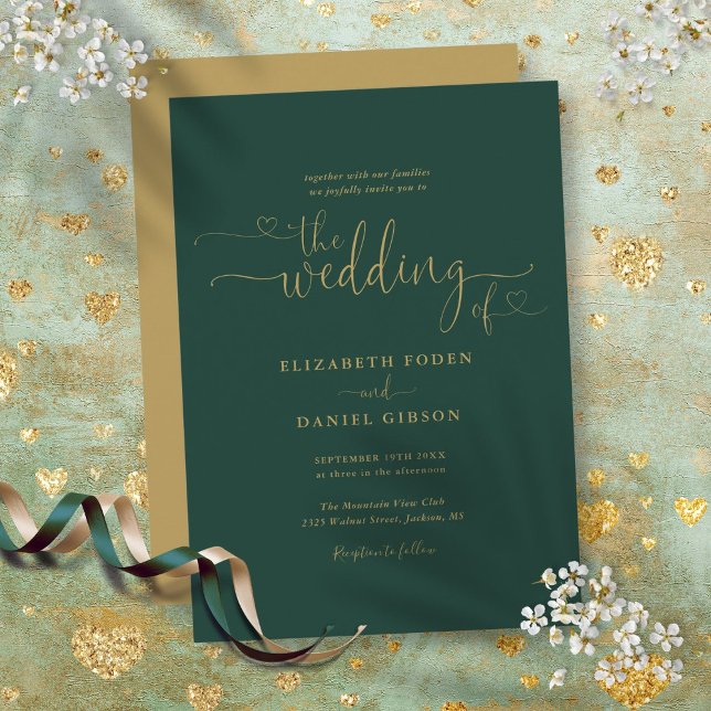 Moderne Emerald Gold Hearts Calligrafy Wedding Einladung (Modern Emerald Gold Hearts Calligraphy Wedding Invitation)