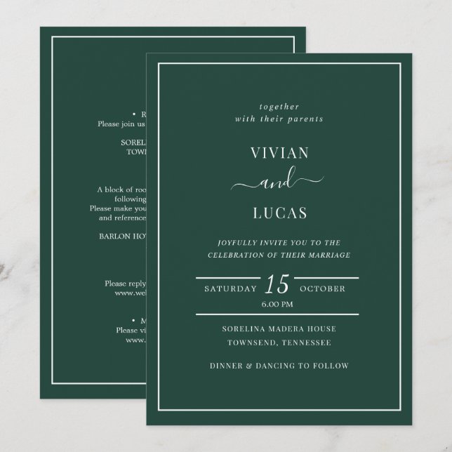 Moderne Emerald Green Formal Minimal Wedding Einladung (Vorne/Hinten)