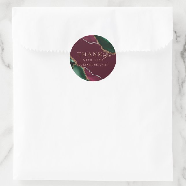 Moderne Emerald Green Gold Agate Burgundy Wedding Runder Aufkleber (Tasche)