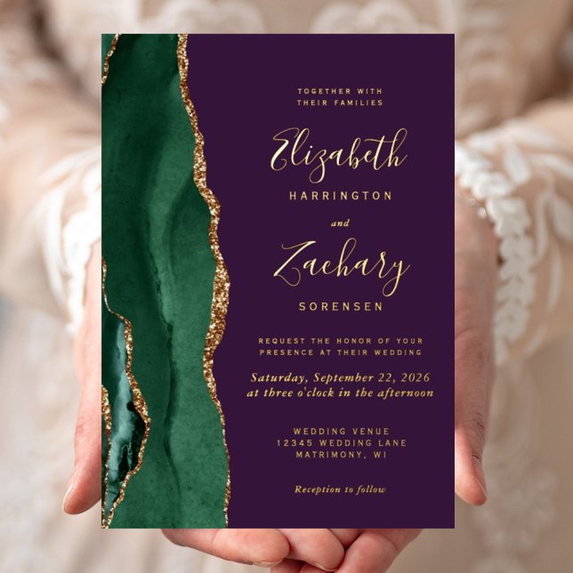 Moderne Emerald Green Gold Agate Lila Hochzeit Folieneinladung (Von Creator hochgeladen)
