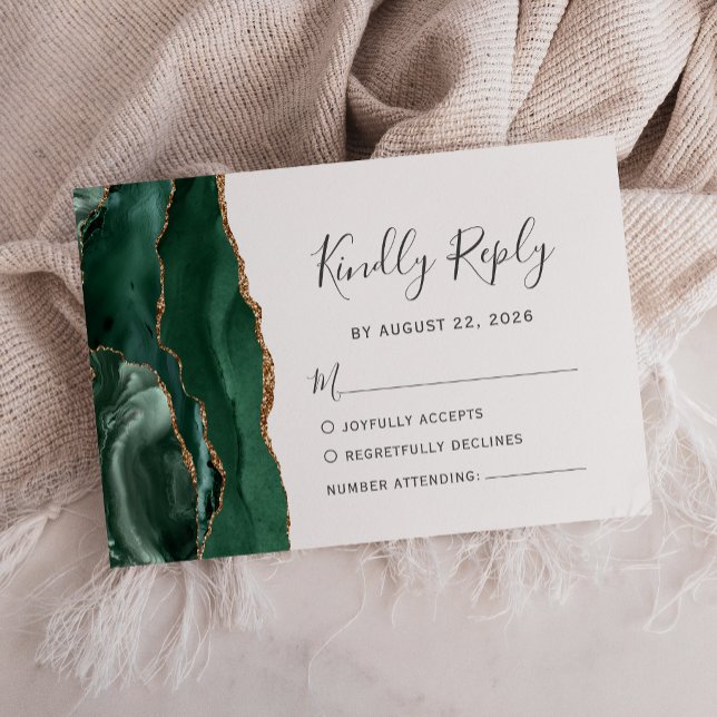 Moderne Emerald Green Gold Agate Wedding RSVP Card (Von Creator hochgeladen)