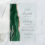 Moderne Emerald Green Rose Gold Agate Wedding Acryleinladungen<br><div class="desc">Der links Rand dieser eleganten,  modernen Hochzeitseinladung besticht durch einen smaragdgrünen Aquarellrahmen,  der mit Imitaten Rose Gold Glitzer bestickt ist. Der anpassbare Text kombiniert handschriftlich,  kopperplate und kursiv Schriftart in Holzkohlegrau auf einem klaren Hintergrund.</div>