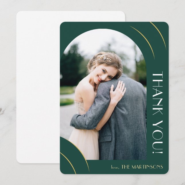 Moderne Emerald Green und Gold Foto Wedding Dankeskarte (Vorne/Hinten)