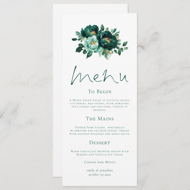 Moderne Emerald und Gold Florals Wedding Menu Card Einladung (Vorne/Hinten)