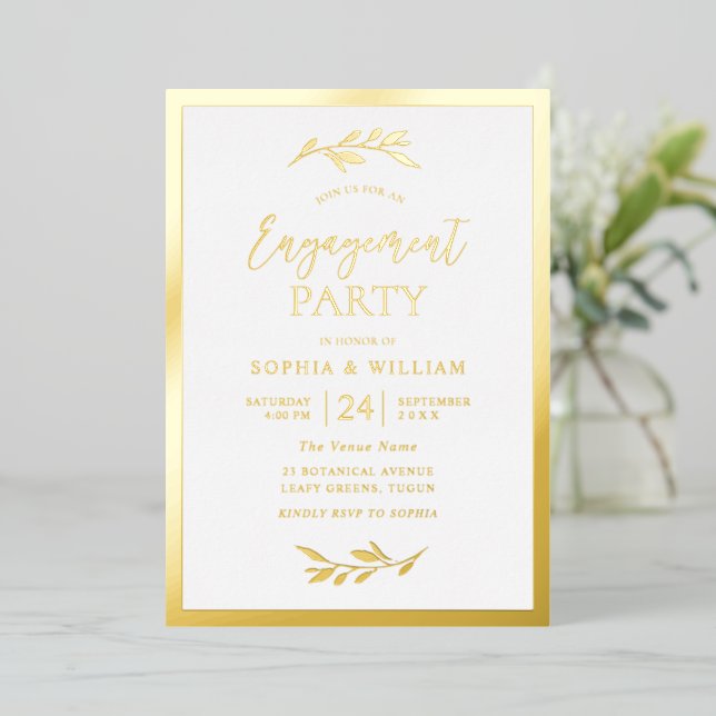 Moderne Engagement Party Gold Leaf Elegant Folieneinladung (Stehend vorne)