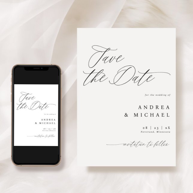 Moderne Enregistrer la carte de date Élégant roman (Modern Save the Date Cards - Romantic Calligraphy Wedding - Black and White - Downloadable)