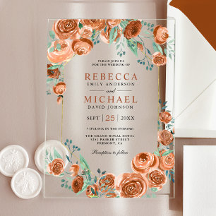 Moderne erdige verbrannte orange Rosen Hochzeitsbl Acryleinladungen