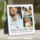 Moderne ERSTE VATER TAG 3 FotoCollage Fotoplatte<br><div class="desc">Gedenktag Vaters ERSTER VATER'S DAY mit diesem 3-Foto Collage Easel-back Foto Display mit einem bearbeitbaren Titel ERSTE VATER'S DAY und einer zweiten Textzeile für Ihre individuelle Nachricht in Ihrer Auswahl von Schriftart Stile und Farben (gezeigt in einer klassischen Typografie in Holzkohle grau auf Weiß). FOTO TIPP: Wählen Sie Fotos mit...</div>