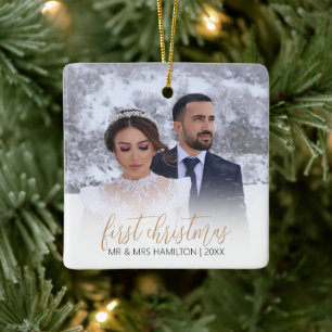 Moderne 'Erster als Herr und Frau' Foto-Weihnachts Keramikornament