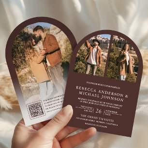 Moderne Espresso-Braune Arch-Foto-QR-Code-Hochzeit Einladung