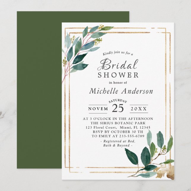 Moderne Eucaliptus Gold Bridal Dusche Einladung (Vorne/Hinten)