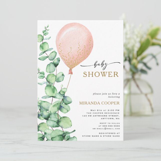 Moderne Eucalyptus Balloon Baby Girl Dusche Einladung (Stehend Vorderseite)