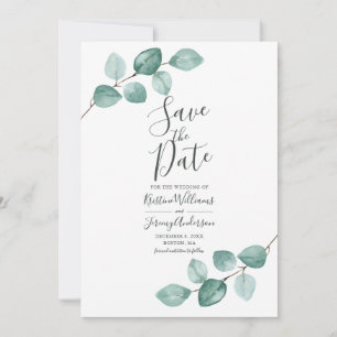 Moderne Eucalyptus Watercolor Gold Script Wedding Save The Date
