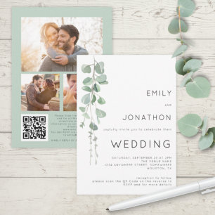 Moderne Eukalyptus 3 Fotos QR-Code Hochzeit Einladung