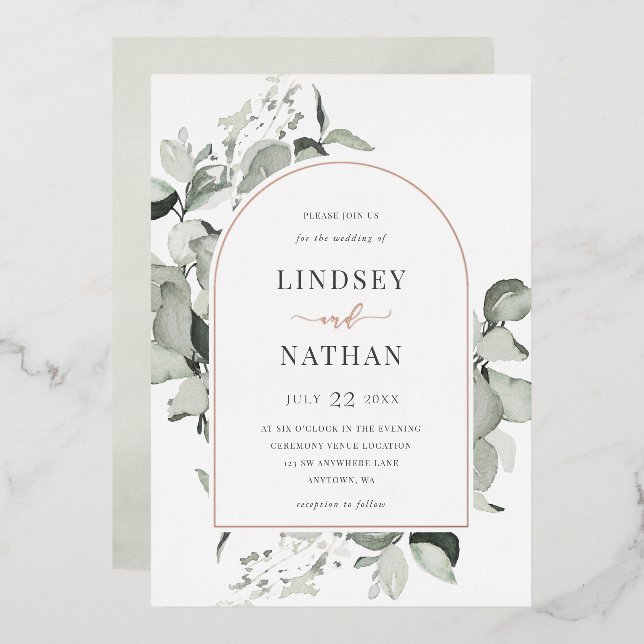 Moderne Eukalyptus Arch Wedding Rose Gold Folieneinladung (Vorderseite/Rückseite)