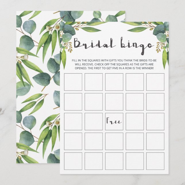 Moderne Eukalyptus-Blätter Bridal-Bingo-Karten (Vorne/Hinten)