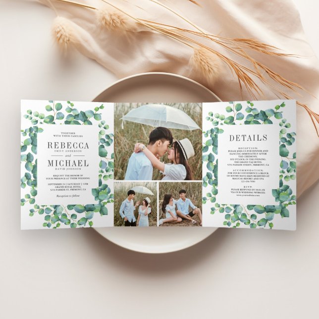Moderne Eukalyptus-Blätter Foto Collage Wedding Dreifach Gefaltete Einladung (Von Creator hochgeladen)