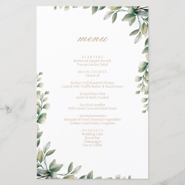 Moderne Eukalyptus-Blätter Hochzeitsmenü (Vorderseite)