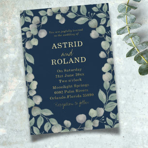 Moderne Eukalyptus Blue & Real Gold Wedding Folieneinladung
