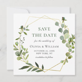 Moderne Eukalyptus-Blumenhochzeit spart das Datum Einladung