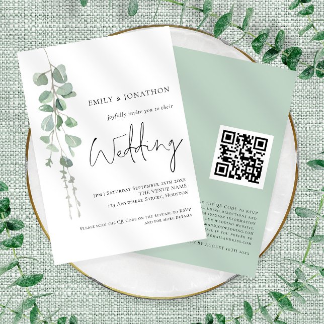 Moderne Eukalyptus Elegante Schrift QR-Code Hochze Einladung (Front and back view)