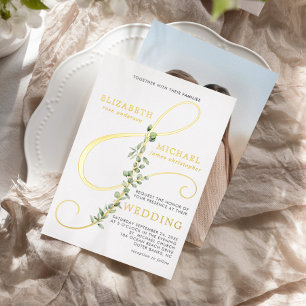 Moderne Eukalyptus-Et-Zeichen-Foto-Hochzeit Gold Folieneinladung
