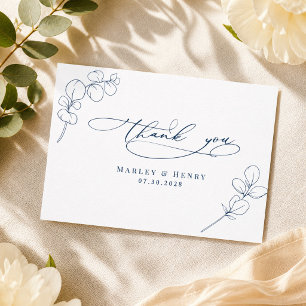 Moderne Eukalyptus-Feder Navy Blau Hochzeit Dankeskarte