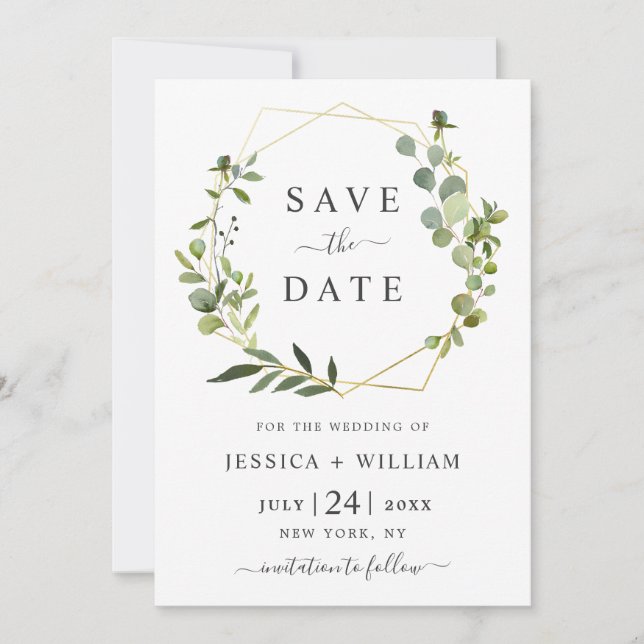 Moderne Eukalyptus-Floral Geometric-Rahmen-Hochzei Save The Date (Vorderseite)