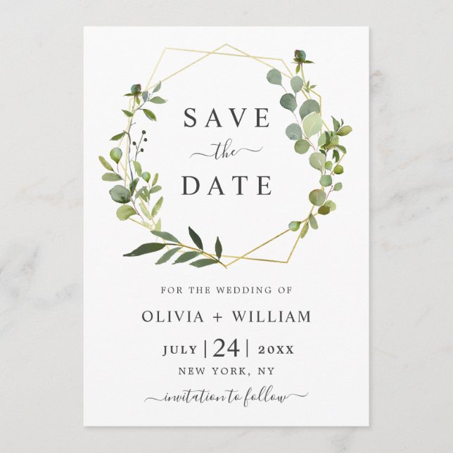 Moderne Eukalyptus-Floral Geometric-Rahmen-Hochzei Save The Date (Vorderseite)