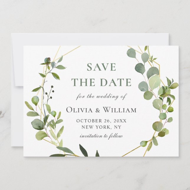 Moderne Eukalyptus-Floral Geometric-Rahmen-Hochzei Save The Date (Vorderseite)