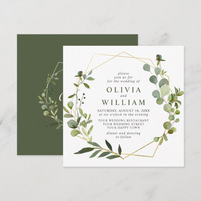 Moderne Eukalyptus Foliage Geometric Frame Wedding Einladung (Vorne/Hinten)