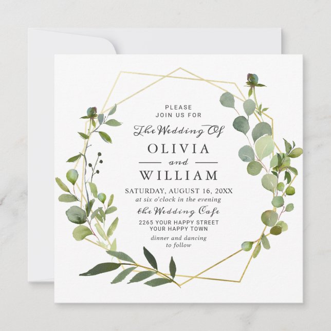 Moderne Eukalyptus Foliage Geometric Frame Wedding Einladung (Vorderseite)
