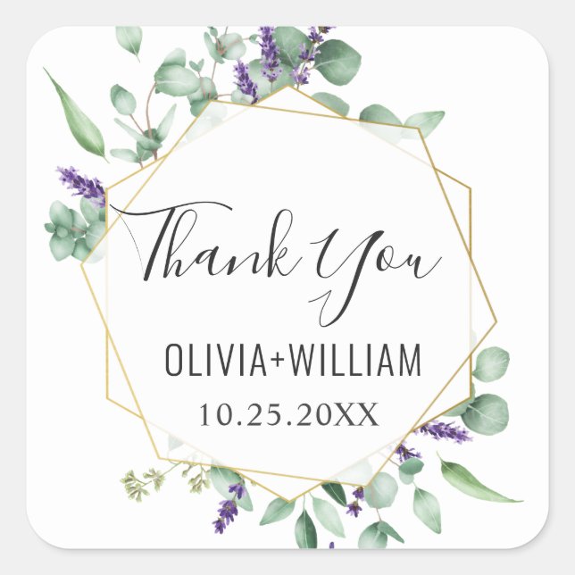 Moderne Eukalyptus Geometric Frame Floral Wedding Quadratischer Aufkleber (Vorderseite)