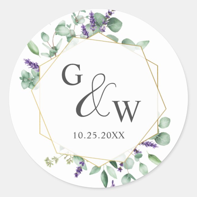 Moderne Eukalyptus Geometric Frame Floral Wedding Runder Aufkleber (Vorderseite)