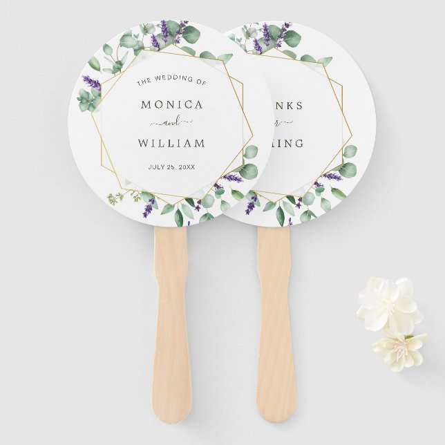 Moderne Eukalyptus Geometric Frame Wedding Fächer (Vorne und Hinten)