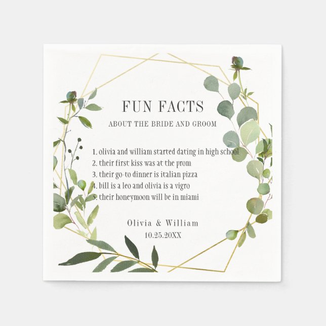 Moderne Eukalyptus Greenery Fun Fakten Hochzeit Serviette (Vorderseite)